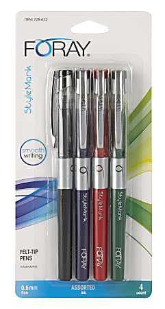 FORAY® Marker-Style Porous Point Pens With Soft Grips, Fine Point, 0.5 mm, Silver Barrel, Assorted Ink Colors, Pack Of 4