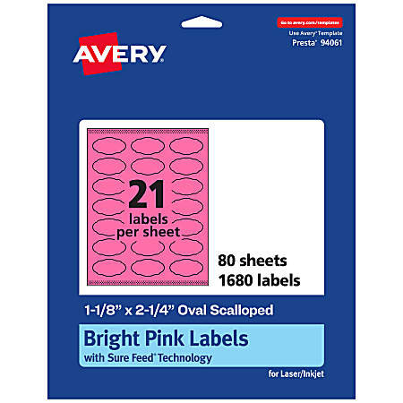 Avery® Print-To-The-Edge Labels With Sure Feed® Technology And Easy Peel®, 94061-BPP80, Oval Scalloped, 1-1/8"x2-1/4", Matte Bright Pink, Pack of 1680