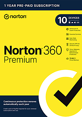 Norton 360 Premium, For 10 Devices, PC/Mac, Product Key
