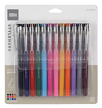 FORAY Marker-Style Porous Point Pens With Soft Grips, Medium Point, 0.7 mm,  Silver Barrels, Black Ink, Pack Of 12