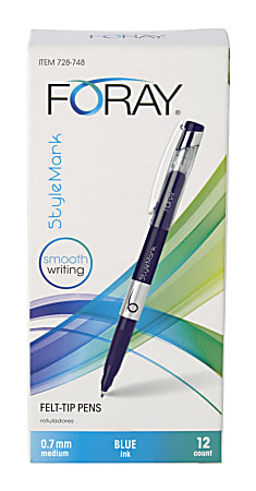 FORAY® Marker-Style Porous Point Pens With Soft Grips, Medium Point, 0.7 mm, Silver Barrels, Blue Ink, Pack Of 12