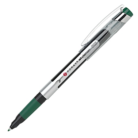 FORAY® Marker-Style Porous Point Pens With Soft Grips, Medium Point, 0.7 mm, Silver Barrel, Green Ink, Pack Of 12