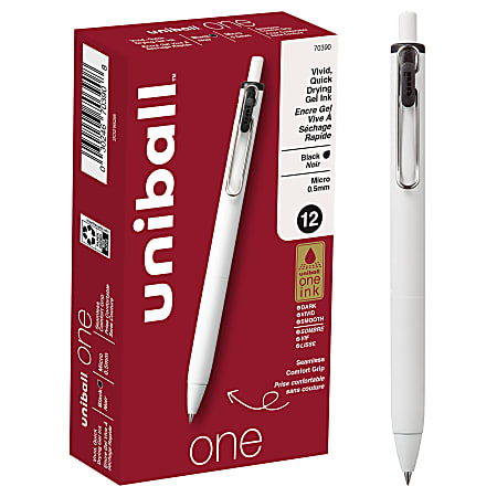 Uni-Ball® One Retractable Gel Pens, Micro Point, 0.5 mm, White Barrel, Black Ink, Pack Of 12 Pens