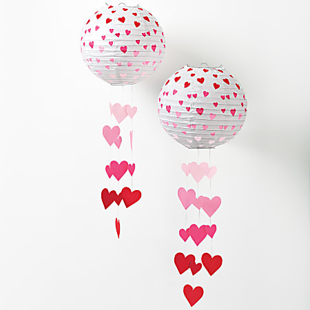 Amscan Light-Up Valentine’s Day Paper Lanterns, 9-1/2” x 22-1/2”, Heart, Red/Pink/White, Set Of 2 Lanterns