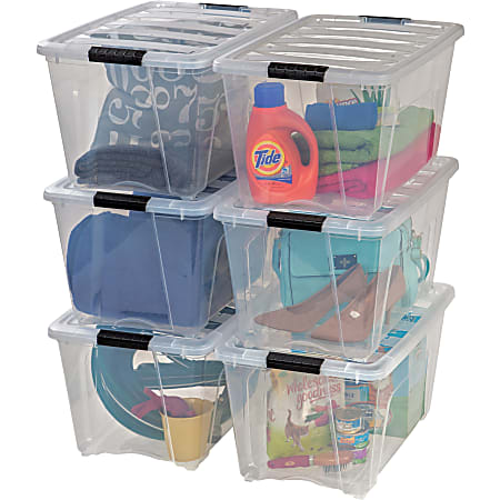 Iris® Stackable Clear Storage Boxes, 22" x 16 1/2" x 13", Clear, Black, Case Of 6