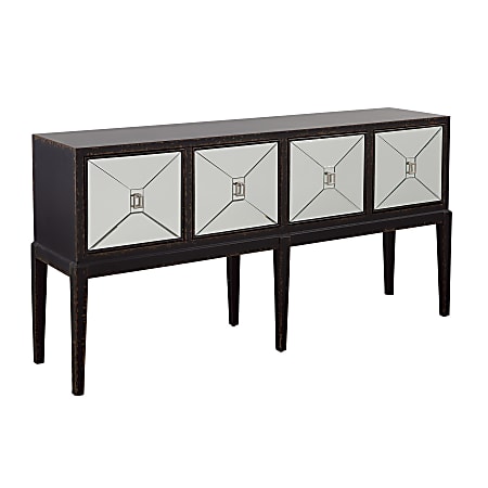Coast to Coast Finnley 4-Door Console Table With Mirror Inlay, 36”H x 70”W x 16”D, Nocturne Textured Black