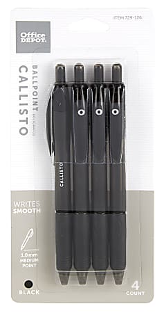 Office Depot® Brand Callisto Soft-Grip Retractable Ballpoint Pens, Medium Point, 1.0 mm, Black Barrel, Black Ink, Pack Of 4