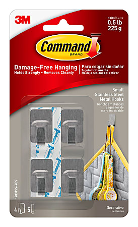 Command Damage-Free Removable Metal Hooks, Small, 5/8" x 3/4" x 1 1/4", Stainless Steel, Pack Of 4 Hooks