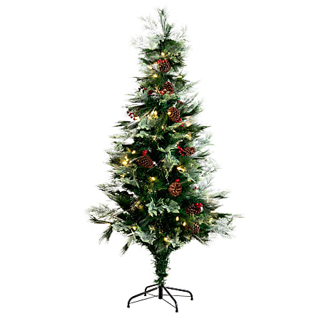 Nearly Natural Pine 72”H Artificial Fiber Optic Christmas Tree With Pinecones, Berries And LED Lights, 72”H x 35”W x 35”D, Green