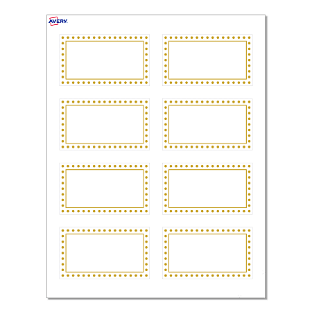 Avery® Print-To-The-Edge Cards With Sure Feed® Technology, S00-D1F-PRMWC10, Rectangle, 2" x 3-1/2", Matte White, Preprinted Gold Border with Gold Dots Design, Pack Of 80