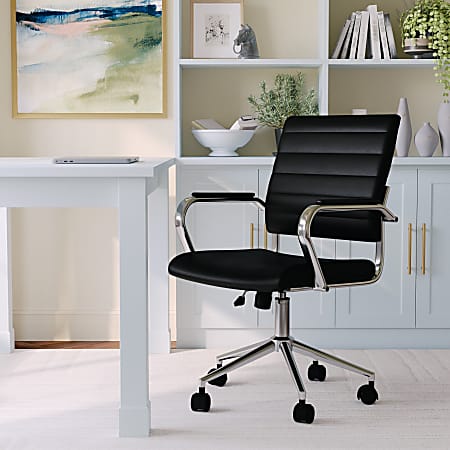 Martha Stewart Piper Faux Leather Upholstered Mid-Back Executive Office Chair, Black/Polished Nickel