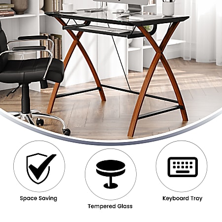 Flash Furniture Jude Glass Top Computer Desk With Pull Out Keyboard Tray And Crisscross Frame CherryClear Office Depot