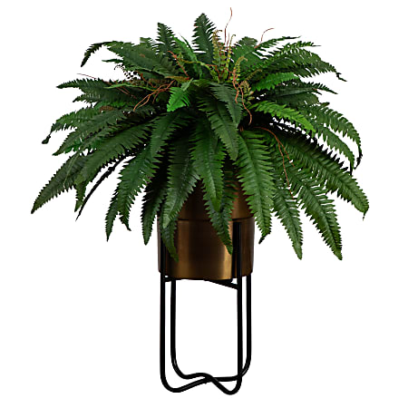 Nearly Natural 35”H Artificial Boston Fern Arrangement With Metal Planter And Stand, 35”H x 37”W x 37”D, Bronze/Green
