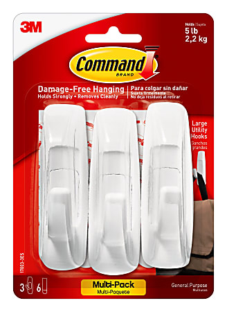 Command Large Utility Hooks, 6-Command Strips, Damage-Free, White