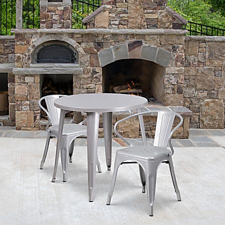 Flash Furniture Commercial Grade Round Metal Indoor-Outdoor Table Set With 2 Arm Chairs, 29-1/2"H x 30"W x 30"D, Silver