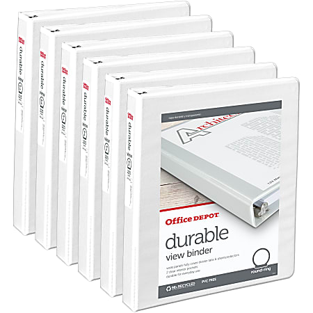 Office Depot® Brand Durable View 3-Ring Binder, 1" Round Rings, White, Pack Of 6