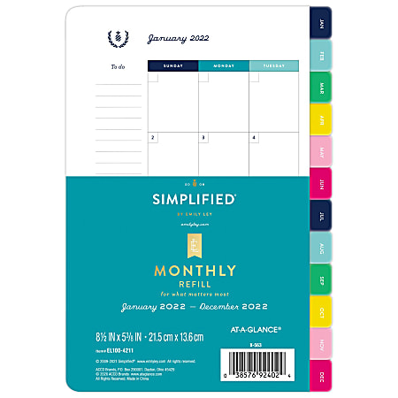 Simplified System by Emily Ley 2022 Monthly Calendar Refill, Loose-Leaf, Desk Size, 5 1/2" x 8 1/2", January to December 2022
