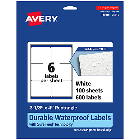 Avery® Waterproof Permanent Labels With Sure Feed®, 94215-WMF100, Rectangle, 3-1/3" x 4", White, Pack Of 600