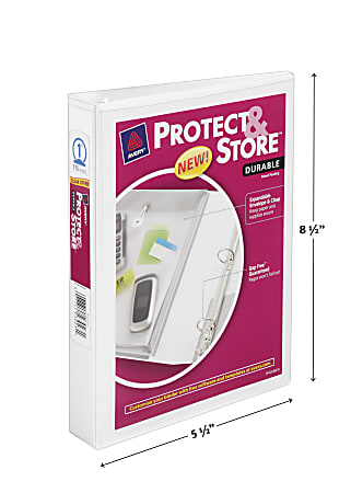 Avery® 5-1/2" x 8-1/2" Mini Durable View Protect & Store™ Binder, 1" Round Rings, White, 1 Mini Binder
