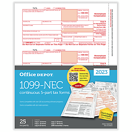 Office Depot® Brand 1099-NEC Continuous Tax Forms, 5-Part, 3-Up, 9" x 11", Pack Of 25 Form Sets, NEC71545923