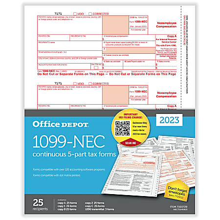 Office Depot® Brand 1099-NEC Continuous Tax Forms, 5-Part,
