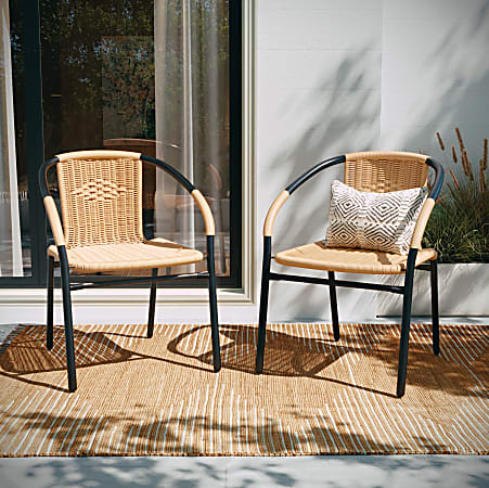 Flash Furniture Rattan Indoor/Outdoor Restaurant Stack Chairs, Beige/Black, Set Of 4 Chairs