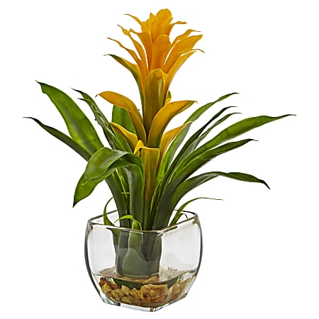 Nearly Natural 12"H Bromeliad Arrangement With Glass Vase, Yellow