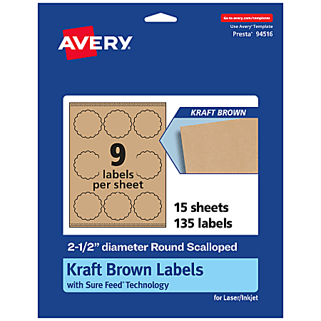 Avery® Kraft Permanent Labels With Sure Feed®, 94516-KMP15, Round Scalloped, 2-1/2" Diameter, Brown, Pack Of 135