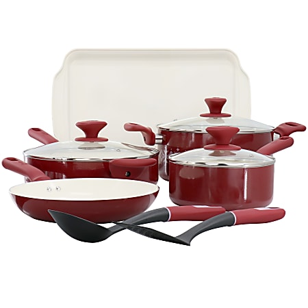 Spice By Tia Mowry 10-Piece Aluminum Ceramic Nonstick Cookware Set, Magenta