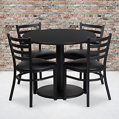 Flash Furniture Round Laminate Table Set With Round Base And 4 Ladder-Back Metal Chairs, 30"H x 36"W x 36"D, Black