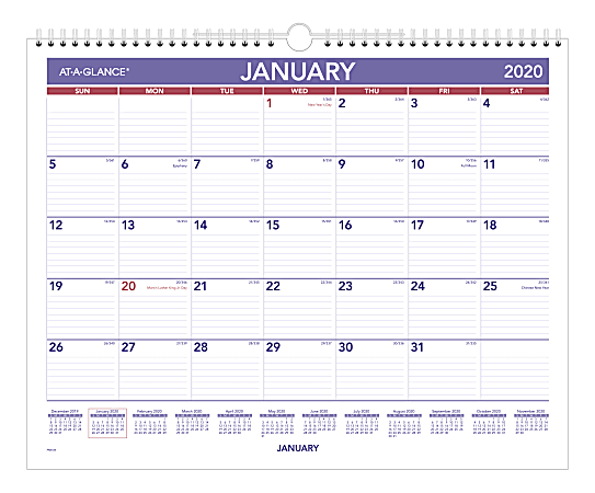 AT-A-GLANCE® Monthly Wall Calendar, 15" x 12", Blue/Red, January To December 2020, PM828