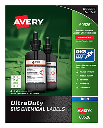 UltraDuty GHS Chemical Waterproof and UV Resistant Labels, 2 x 2, White, 12/Sheet, 50 Sheets/Pack