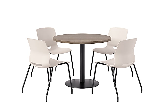 KFI Studios Midtown Pedestal Round Table Set With Armless Chairs, 31-3/4”H x 22”W x 19-3/4”D, Studio Teak Top/Black Base/Moonbeam Chairs, 840031938657