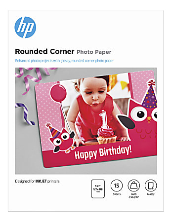 HP Advanced Rounded Corner Photo Paper, 5" x 7", 66 Lb, Pack Of 15 Sheets
