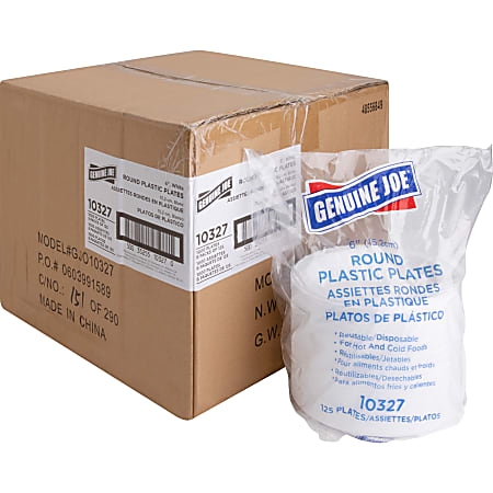 Genuine Joe 6" Round Plastic Plates - Disposable - 6" Diameter - White - Plastic Body - 125/Pack - 8 / Carton