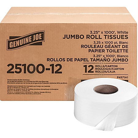 Genuine Joe 2-Ply Jumbo Roll Toilet Paper, 3-1/4" x 1000' Per Roll, Pack Of 12 Rolls