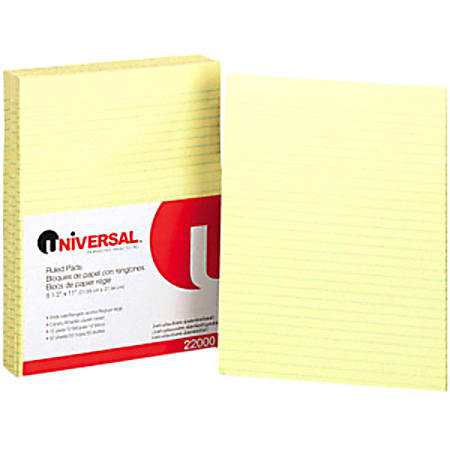 Universal 22000 Writing Pad - 50 Sheet - 16lb - Wide Ruled - Letter 8.5" x 11" - 12 / Pack - Canary