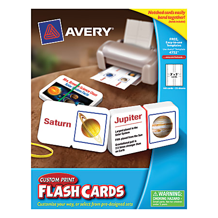 Avery® Custom-Print Flash Cards, Notched, 3" x 5", White, Pack Of 100