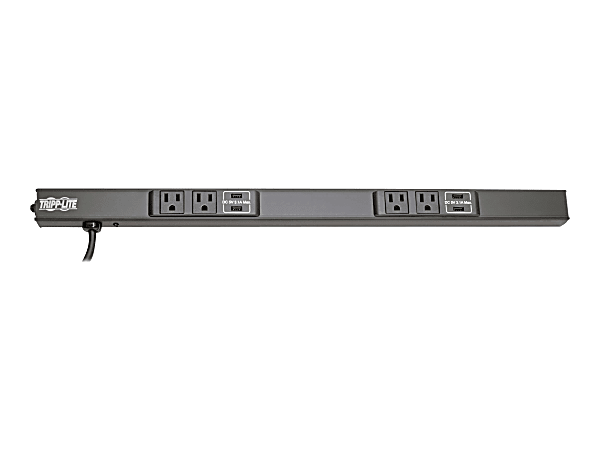 Tripp Lite 4-Outlet Power Strip with USB-A Charging (6.2A) NEMA 5-15R 120V 15A 10 ft. (3.05 m) Cord 5-15P 24 in. - NEMA 5-15P - 4 x NEMA 5-15R, 4 x USB - 10 ft Cord - 15 A Current - 120 V AC Voltage - 1800 W - Rack-mountable, Desk Mountable - Black