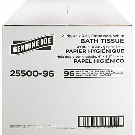 Genuine Joe 2-ply Standard Bath Tissue Rolls - 2 Ply - 4" x 3.20" - 500 Sheets/Roll - 1.63" Core - White - 96 / Carton