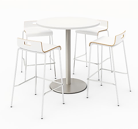 KFI Studios Round Bistro Pedestal Table With 4 Stacking Bar Stools, White