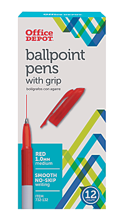 Office Depot® Brand Grip Ballpoint Pens, Medium Point, 1.0 mm, White Barrel, Red Ink, Pack Of 12 Pens