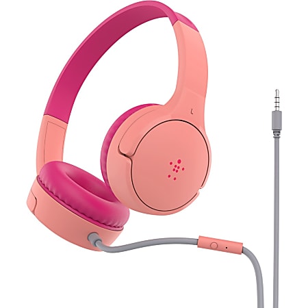 Belkin SoundForm Mini Wired On-Ear Headphones for Kids - Stereo - Mini-phone (3.5mm) - Wired - On-ear, Over-the-head - Binaural - Ear-cup - 4 ft Cable - Pink