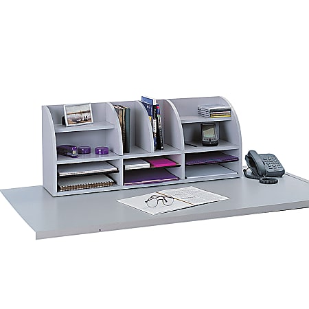 Safco® Radius Front Desktop Organizer, 12 Compartments, 15 1/4"H x 38 1/2"W x 9 5/8"D, Medium Oak