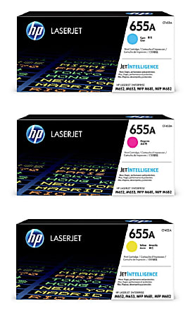 HP 655A 3-Color Cyan/Magenta/Yellow Toner Cartridges, Set Of 3 Cartridges, HP655ACMY-OD