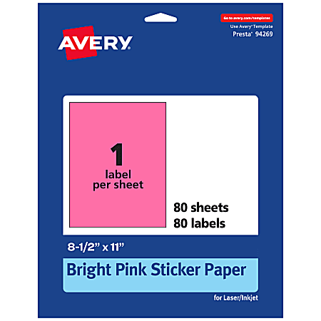 Avery® Printable Sticker Paper, 94269-BPP80, Rectangle, 8-1/2" x 11", Matte Bright Pink, Pack of 80