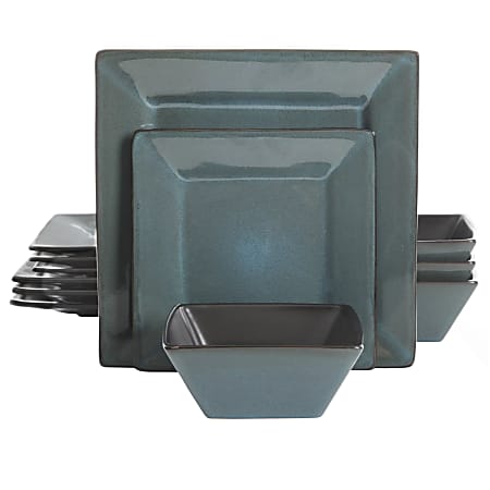 Gibson Studio Chelsea Lane 12-Piece Hard Square Stoneware Dinnerware Set, Blue/Black