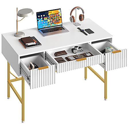 Bestier 47.6"W Fluted Computer Writing Desk with Storage, Office Desk with Gold Legs and Drawers, Stylish Writing Desk for Home Office, White