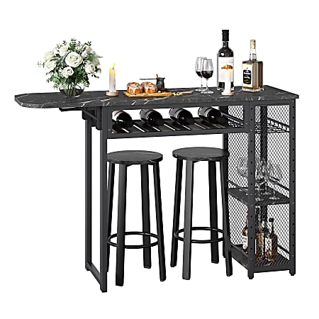 Bestier Expandable Bar Table And Stool Set With Wine Rack & Shelves, 36"H x 55-1/8"W x 15-13/16"D, Black Marble