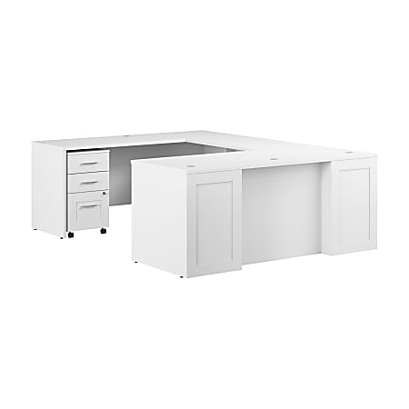 Bush Business Furniture Hampton Heights 72"W U-Station With 3-Drawer Mobile File Cabinet, White, Standard Delivery
